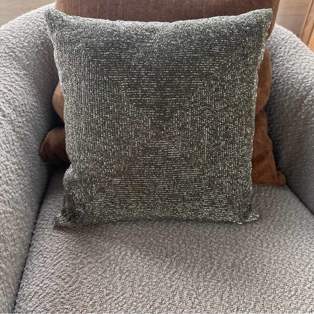Silver Hand Beaded Silk Decorative Throw Pillow Modern 13 x 13 Square Zippered